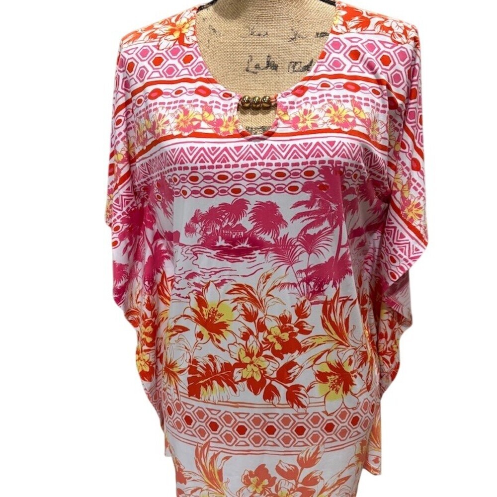 Island Republic Tunic Kaftan Cover Up Womens Size M Tropical Print Pink